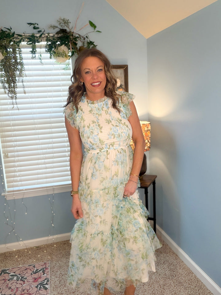 Floral Tulle Pattern Smocked Tiered Midi Dress