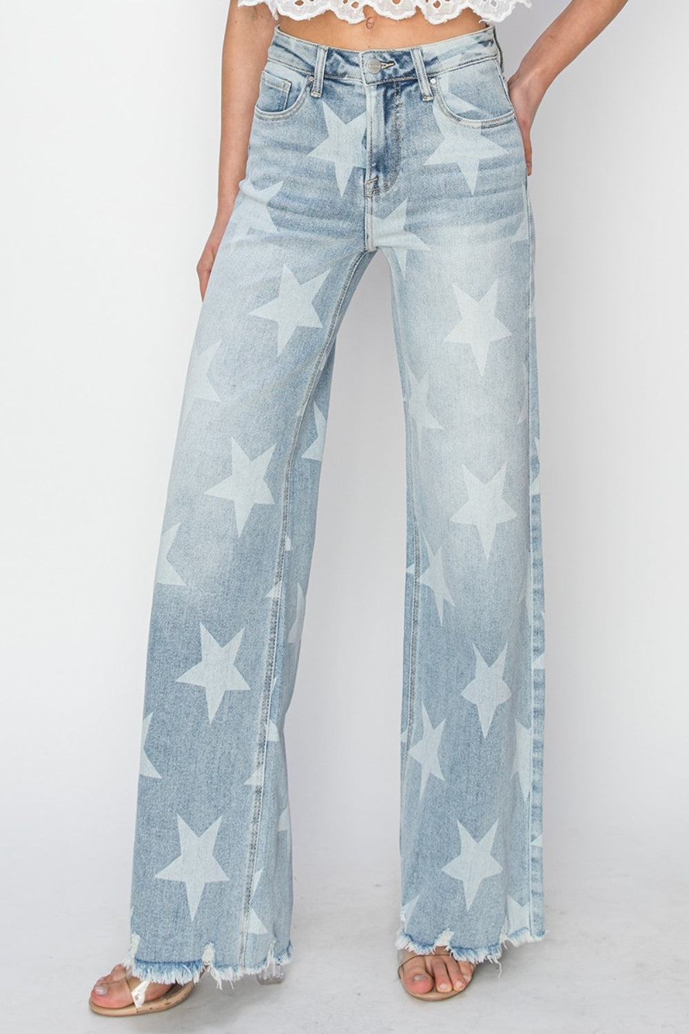 RISEN Full Size Raw Hem Star Wide Leg Jeans - The Teal Antler Boutique
