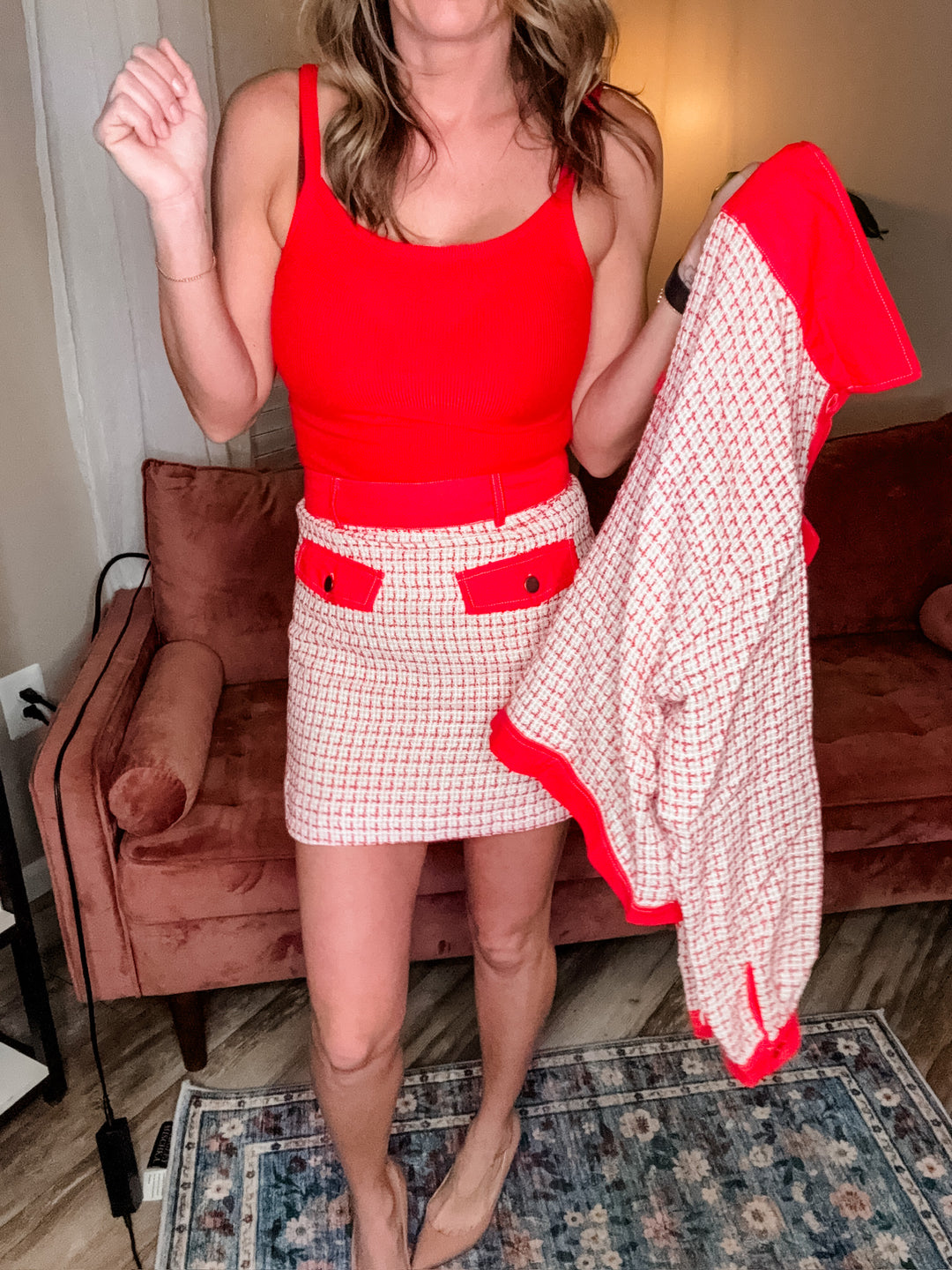 Contrast Trim Plaid Tweed Mini Skirt