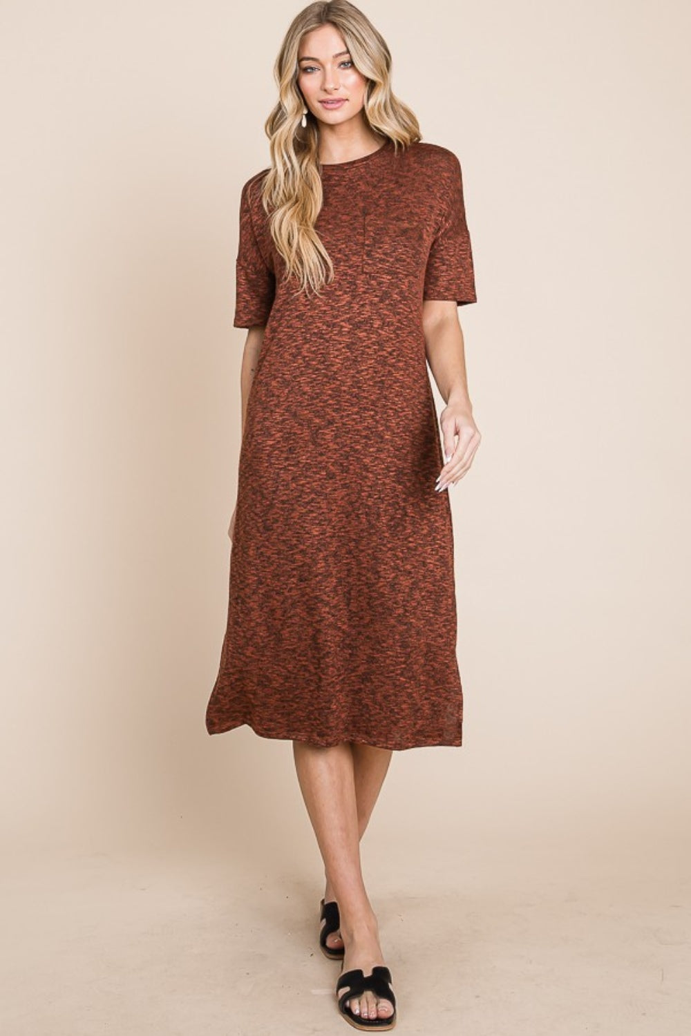 classic midi dress BOMBOM Round Neck Side Slit Rust / S Open-Back Pleated Long Royal Loose Fit Stretch color_orange Color:CHAMPAGNE-GOLD