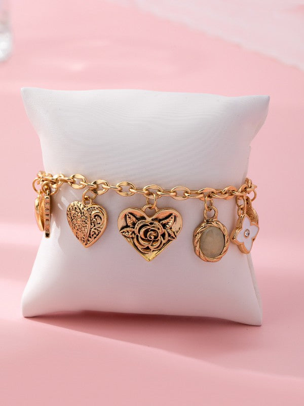 Gold Charm Bracelet W/ Hearts & Flowers