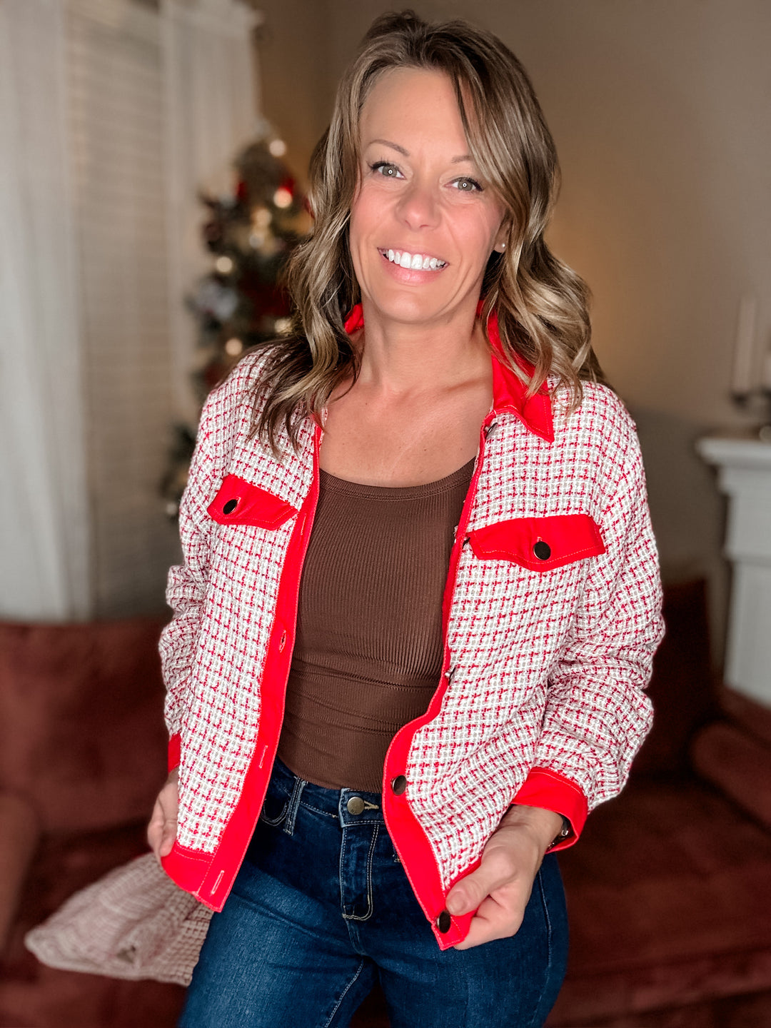 Contrast Trim Plaid Tweed Jacket