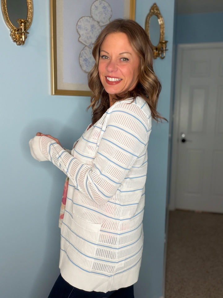 Pointelle Striped Sweater Cardigan