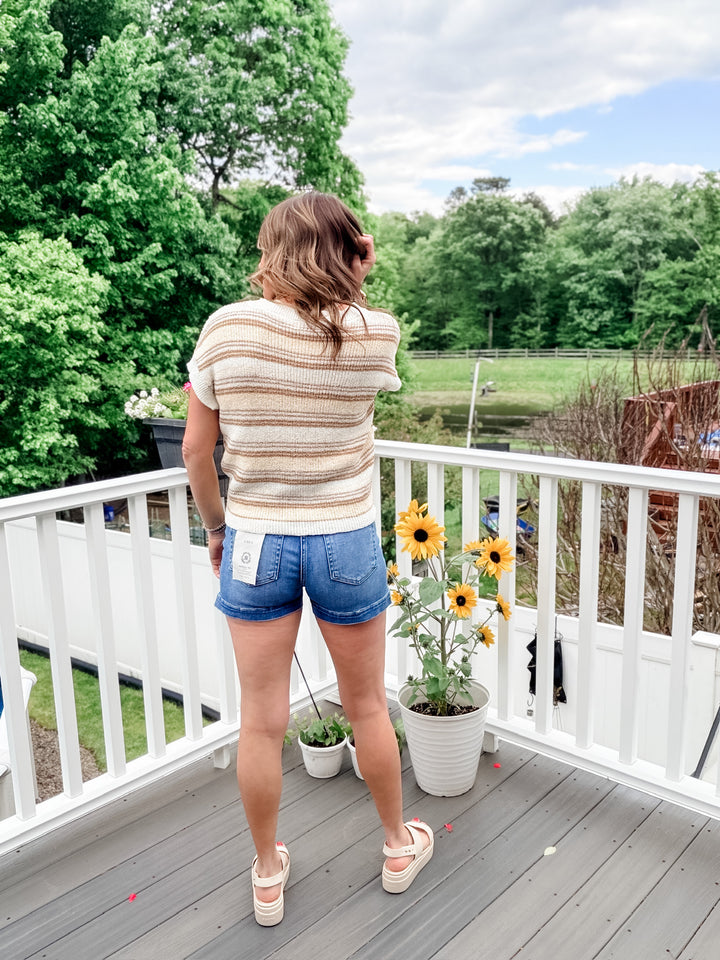 Multi-color Stripe Short Sleeve Knit Pullover