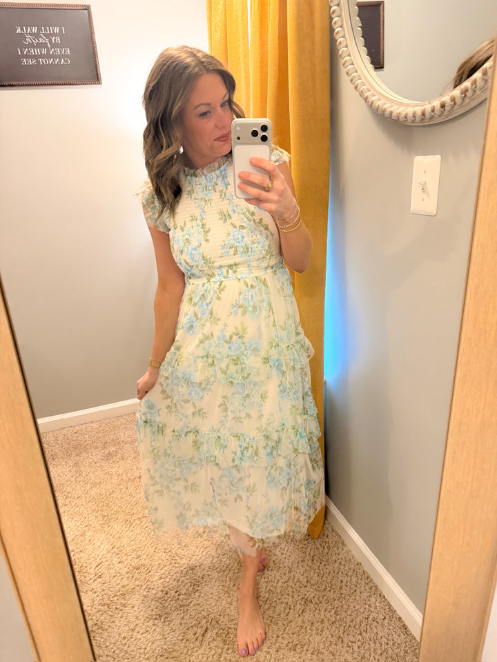 Floral Tulle Pattern Smocked Tiered Midi Dress