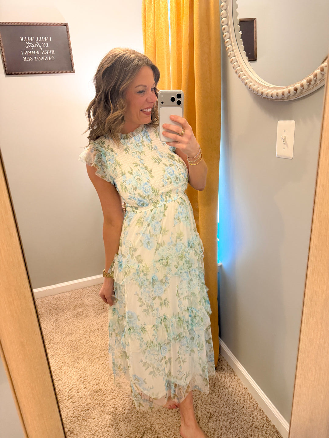 Floral Tulle Pattern Smocked Tiered Midi Dress