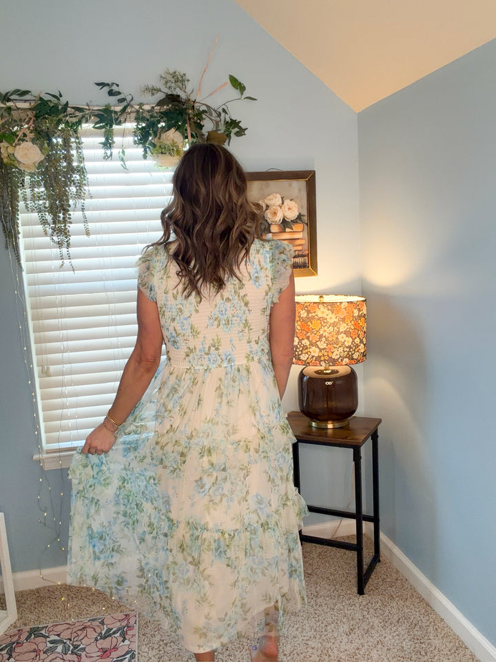 Floral Tulle Pattern Smocked Tiered Midi Dress