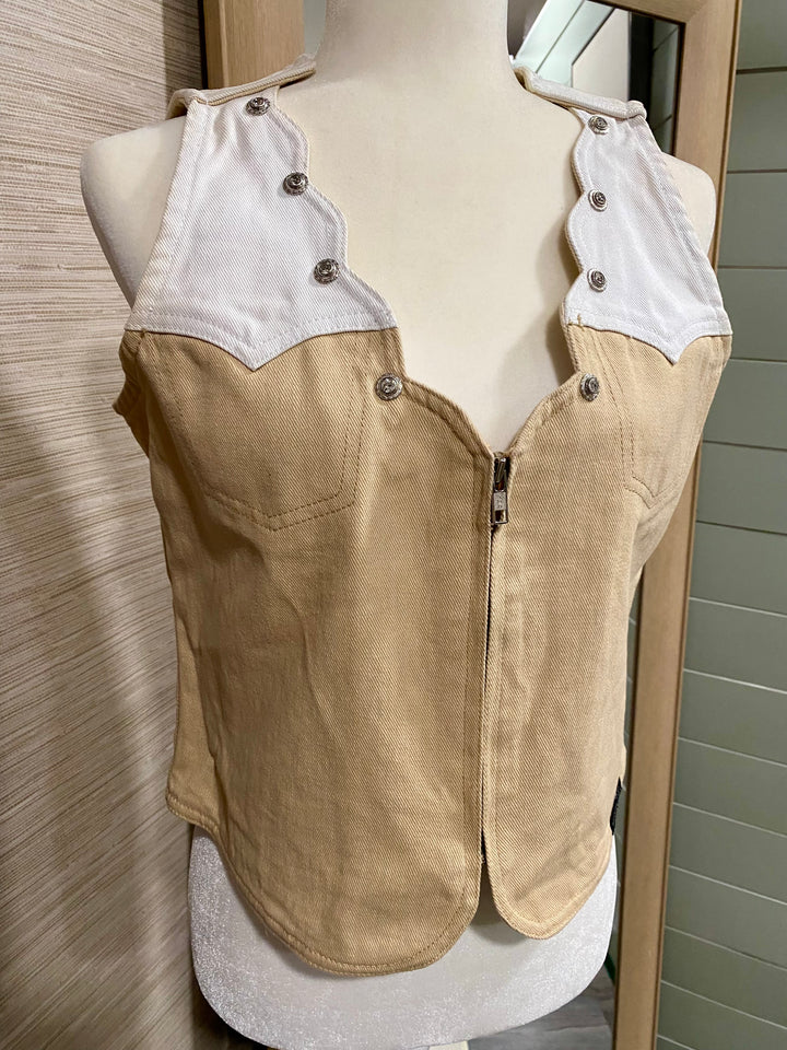 WE-Tan Scalloped Chest Denim Vest - L