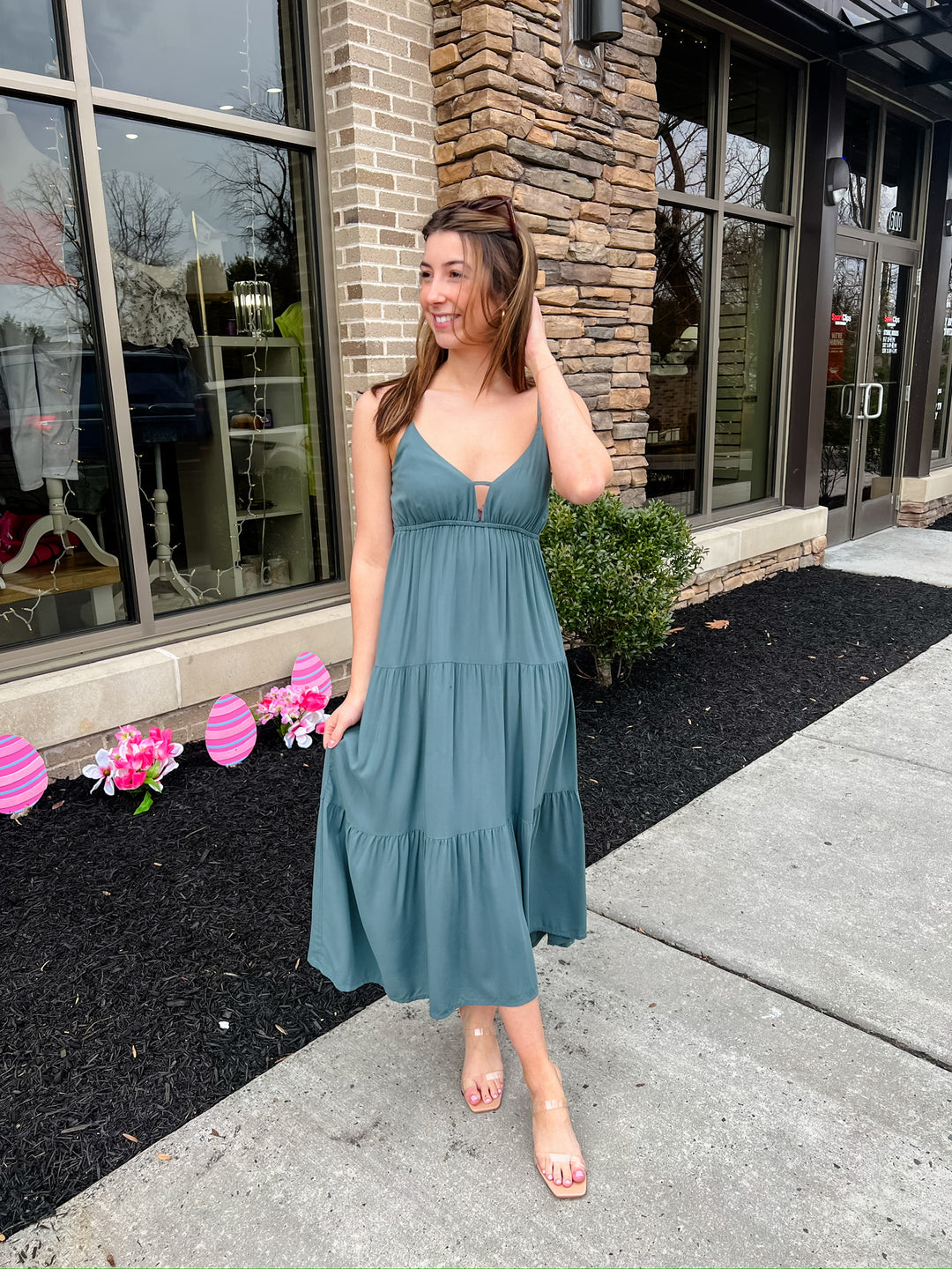 WOVEN SWEETHEART NECKLINE TIERED CAMI MIDI DRESS - The Teal Antler Boutique