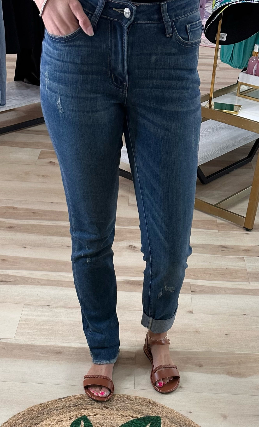 Mid-Rise Double Cuff Boyfriend Jeans - The Teal Antler Boutique