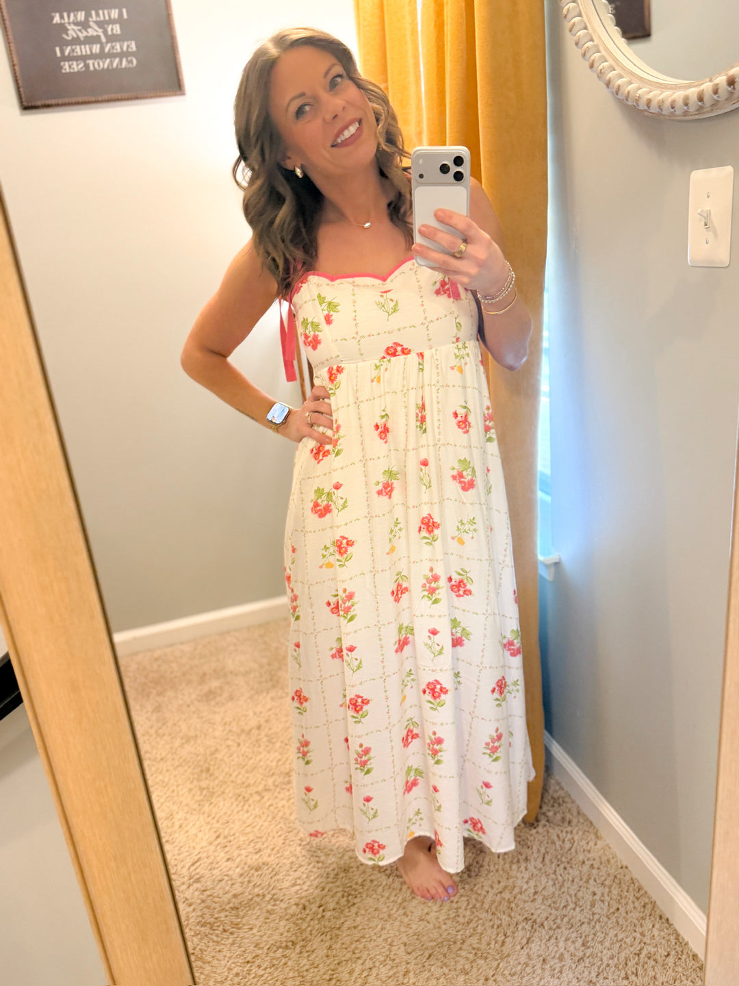 Floral Tile Pattern Scalloped Tie Strap Midi Dress