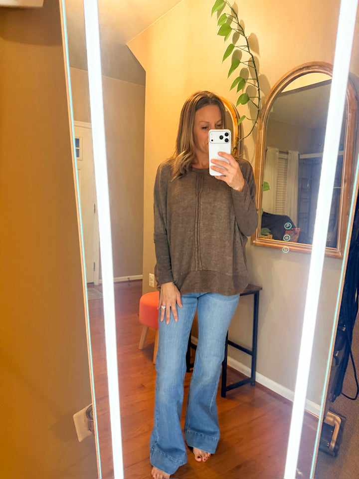 Tummy Control Elastic Waist Flare Denim Pants