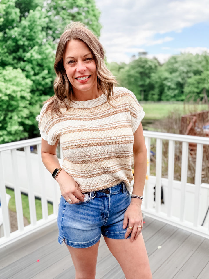 Multi-color Stripe Short Sleeve Knit Pullover