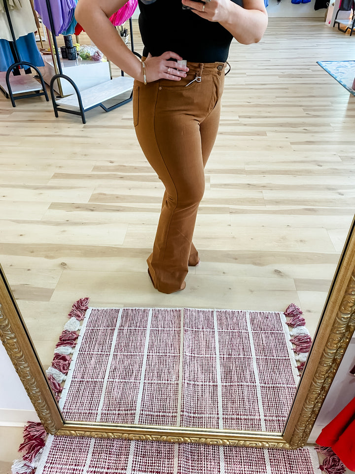 Judy Blue Tummy Control Brown Flare Jeans - The Teal Antler Boutique