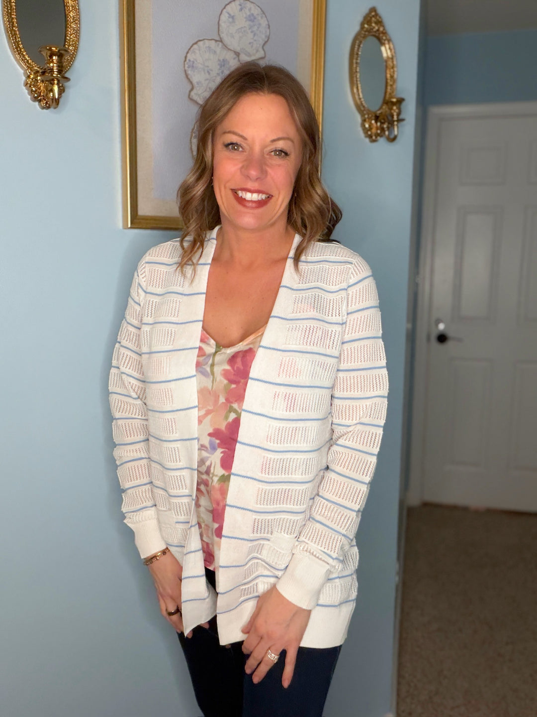 Pointelle Striped Sweater Cardigan