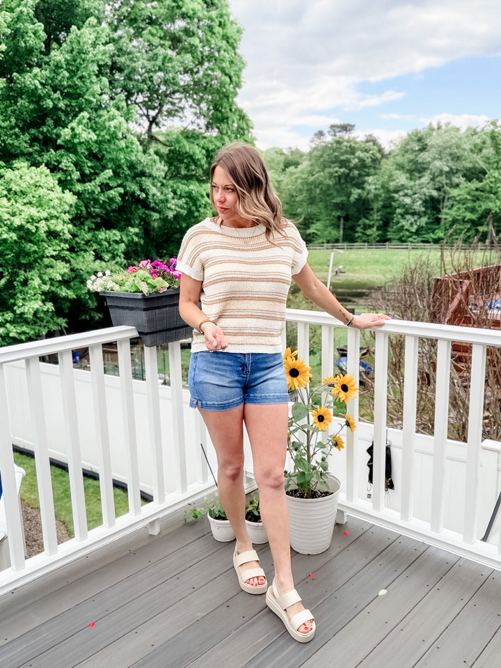 Multi-color Stripe Short Sleeve Knit Pullover