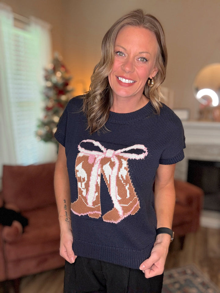 Boot Bow Jaquard Short Sleeve Knit Sweater