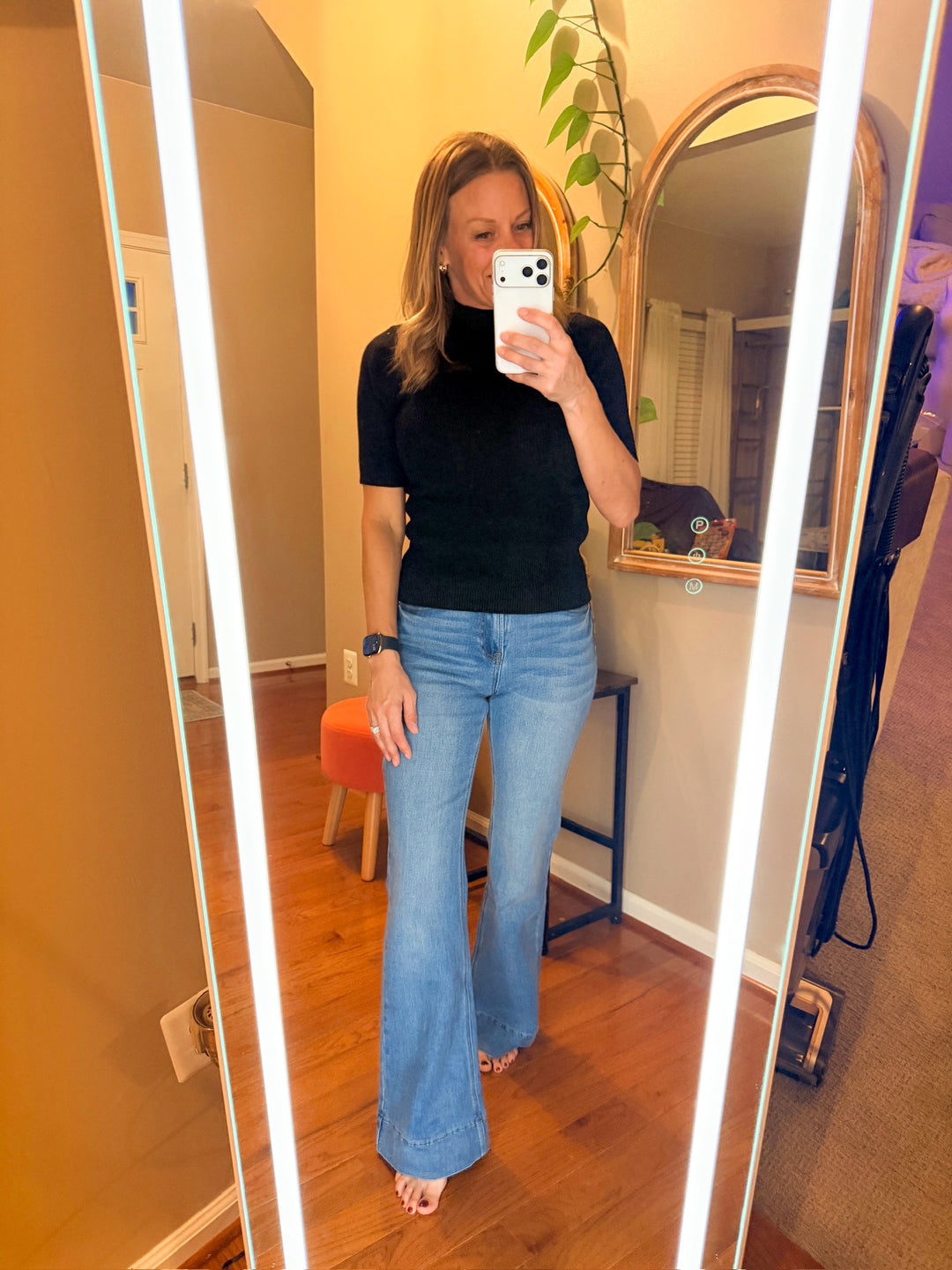 Tummy Control Elastic Waist Flare Denim Pants