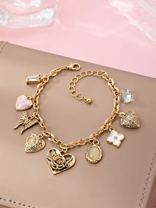 Gold Charm Bracelet W/ Hearts & Flowers