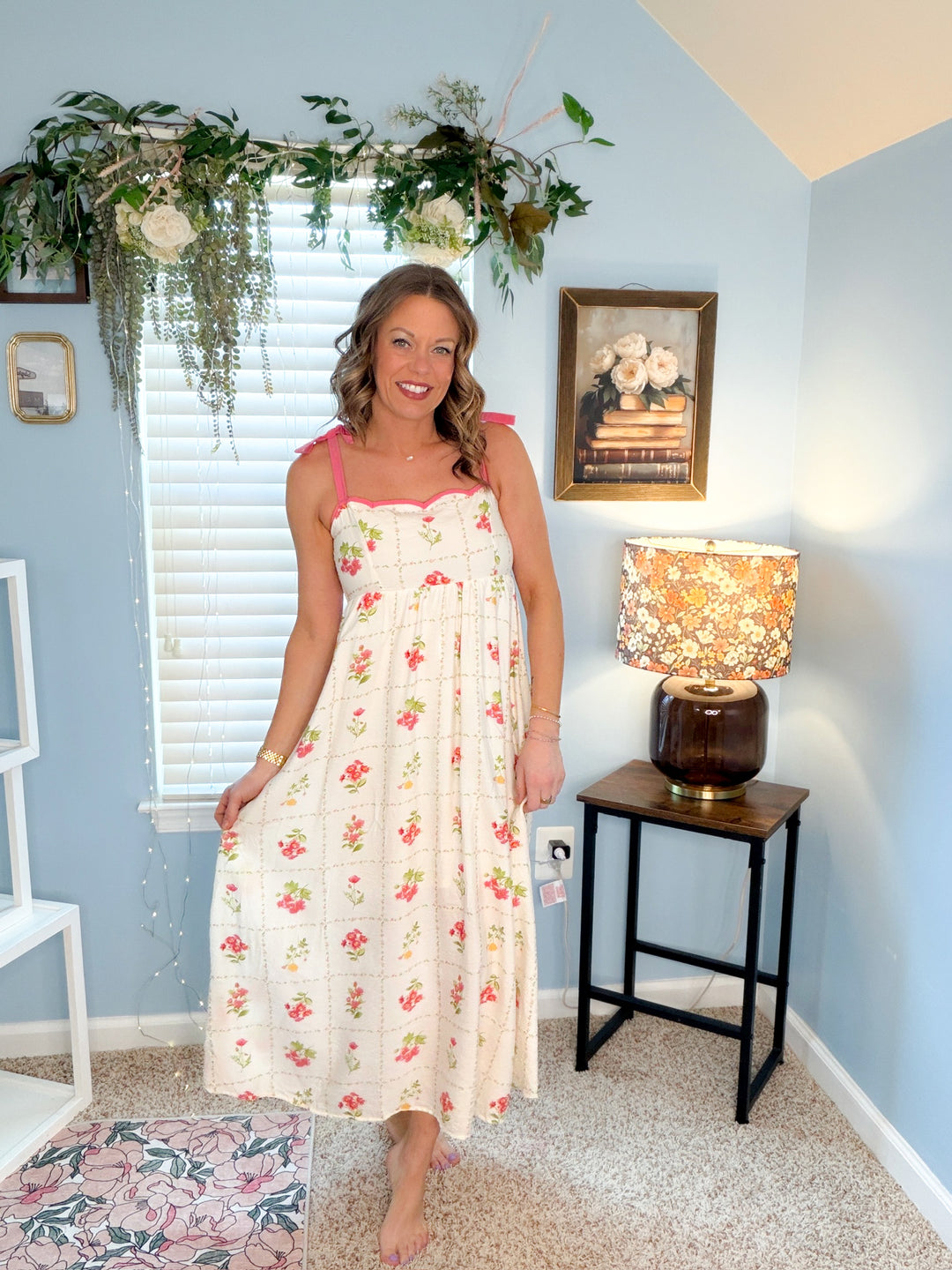 Floral Tile Pattern Scalloped Tie Strap Midi Dress