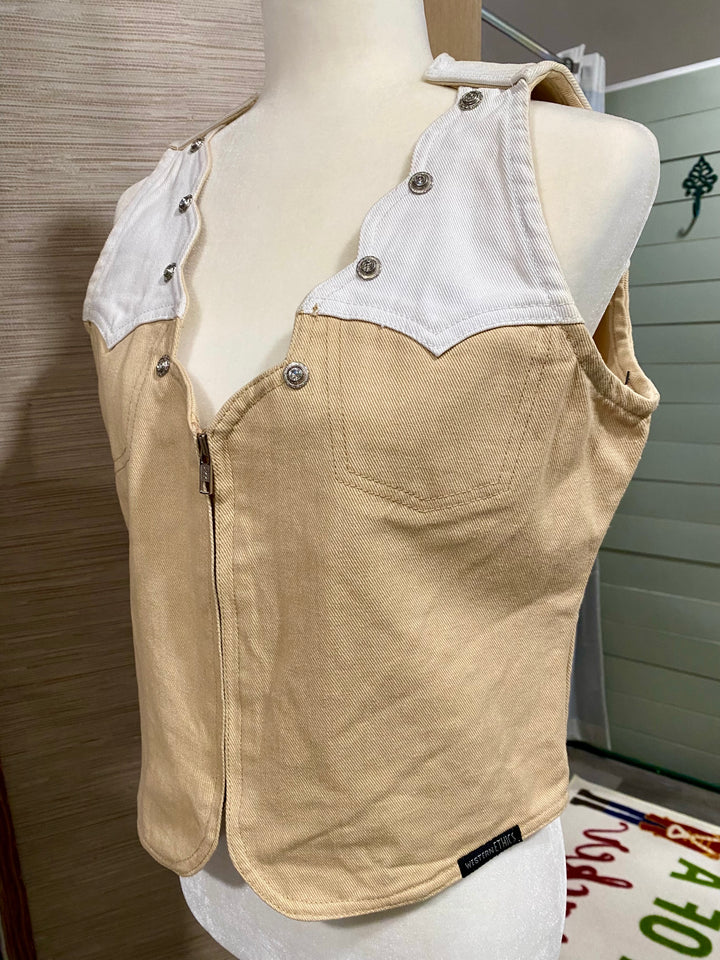 WE-Tan Scalloped Chest Denim Vest - L