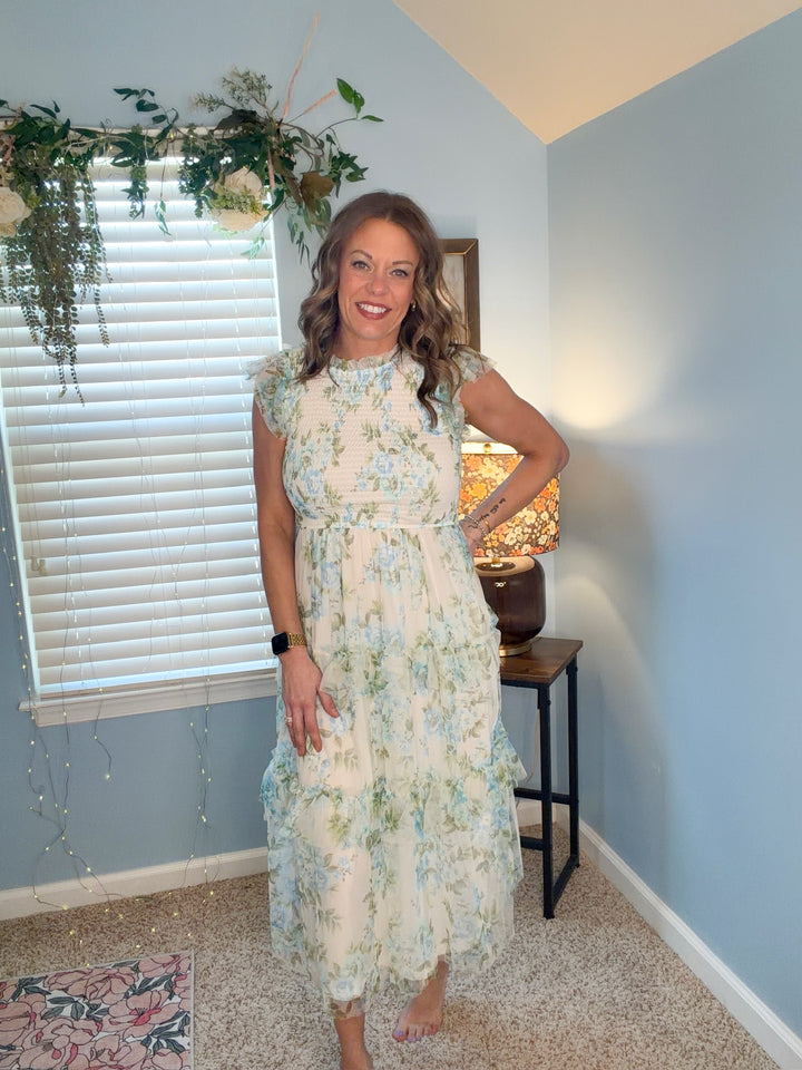 Floral Tulle Pattern Smocked Tiered Midi Dress
