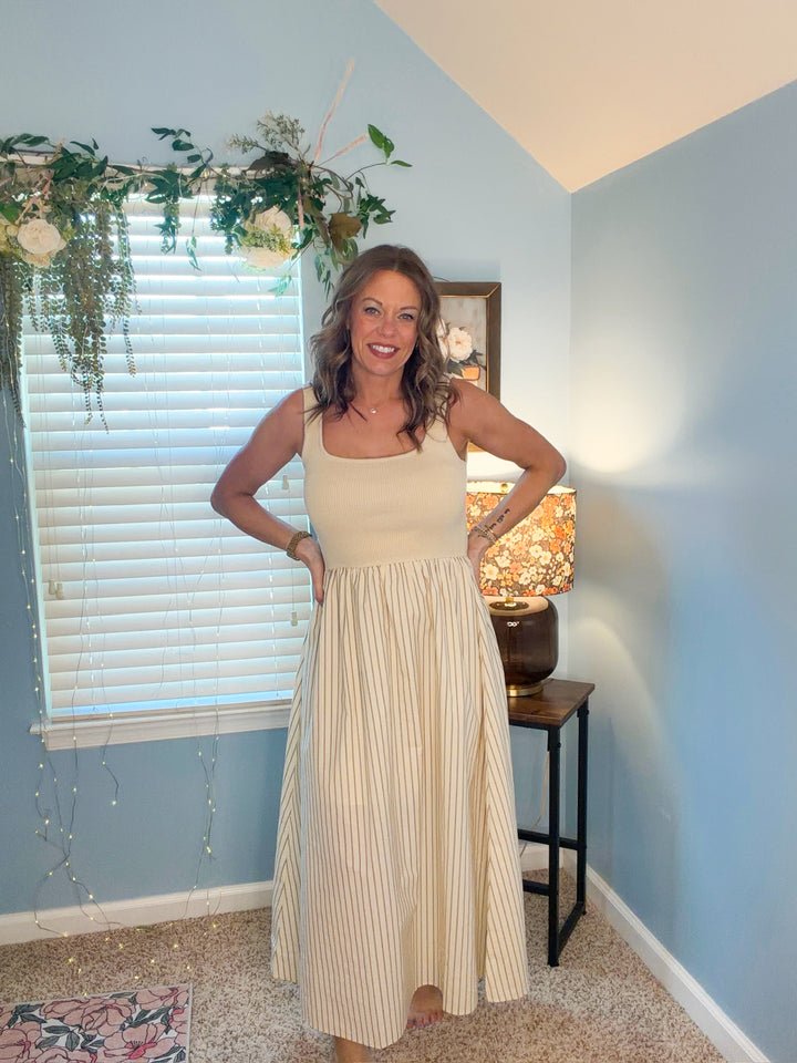 Stripe Skirt Mix Media Tank Midi Dress