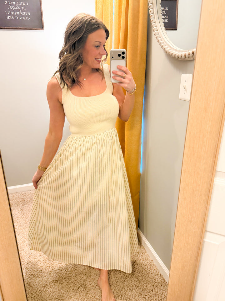 Stripe Skirt Mix Media Tank Midi Dress