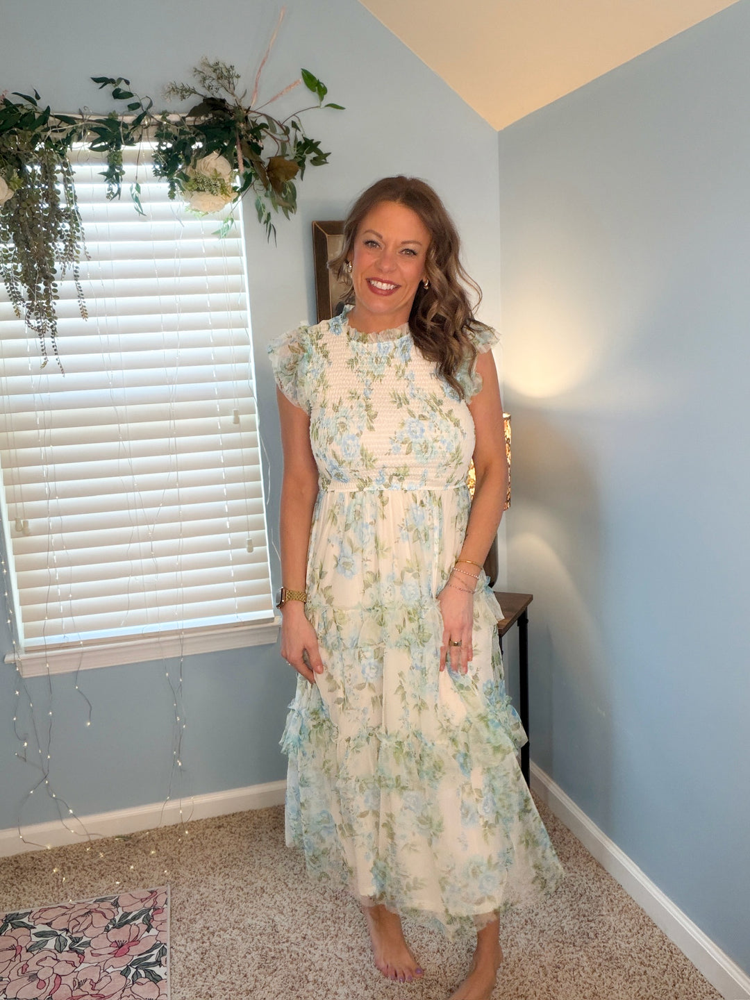 Floral Tulle Pattern Smocked Tiered Midi Dress