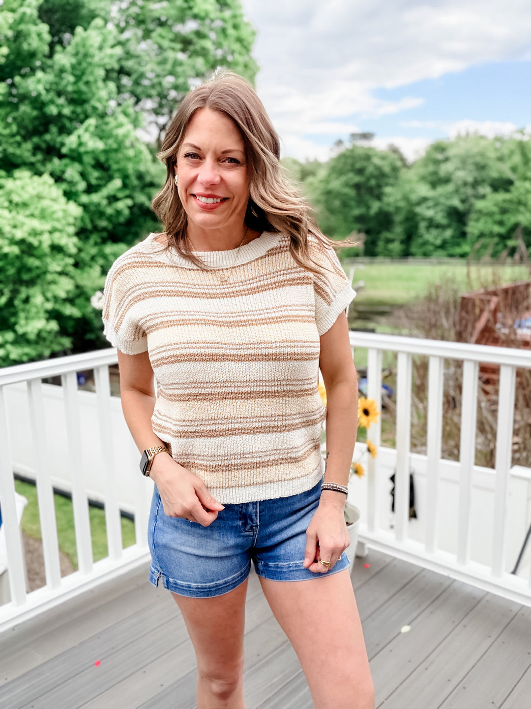 Multi-color Stripe Short Sleeve Knit Pullover