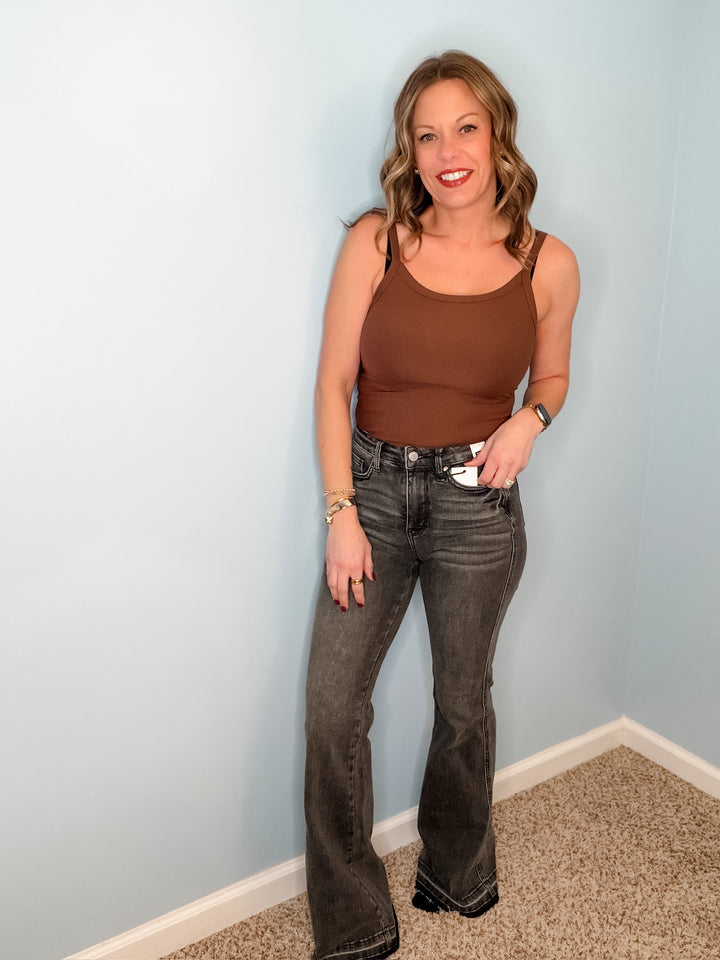 Tummy Control Washed Gray Release Hem Flare