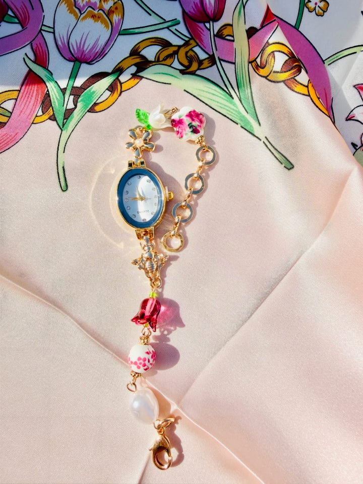 Oval Dial Porcelain Charm Bracelet Watch