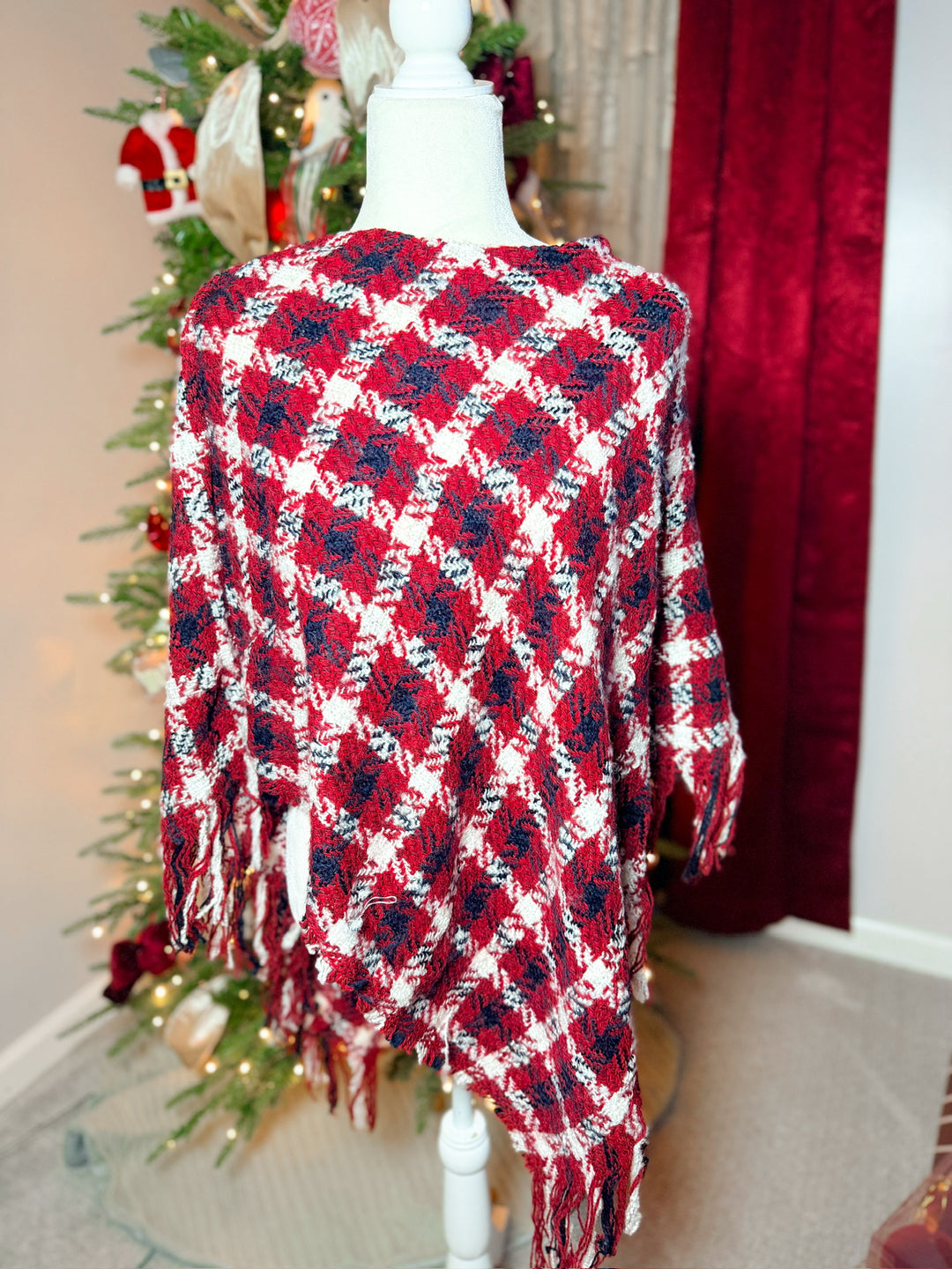 Multi Color Crochet Knit Poncho With Fringe Trim