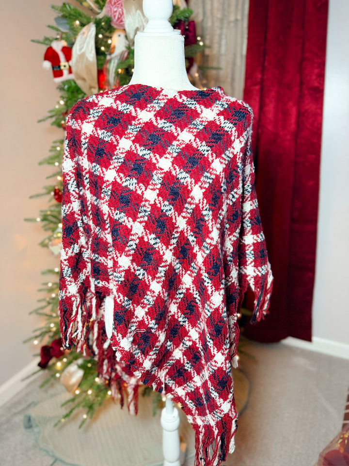 Multi Color Crochet Knit Poncho With Fringe Trim