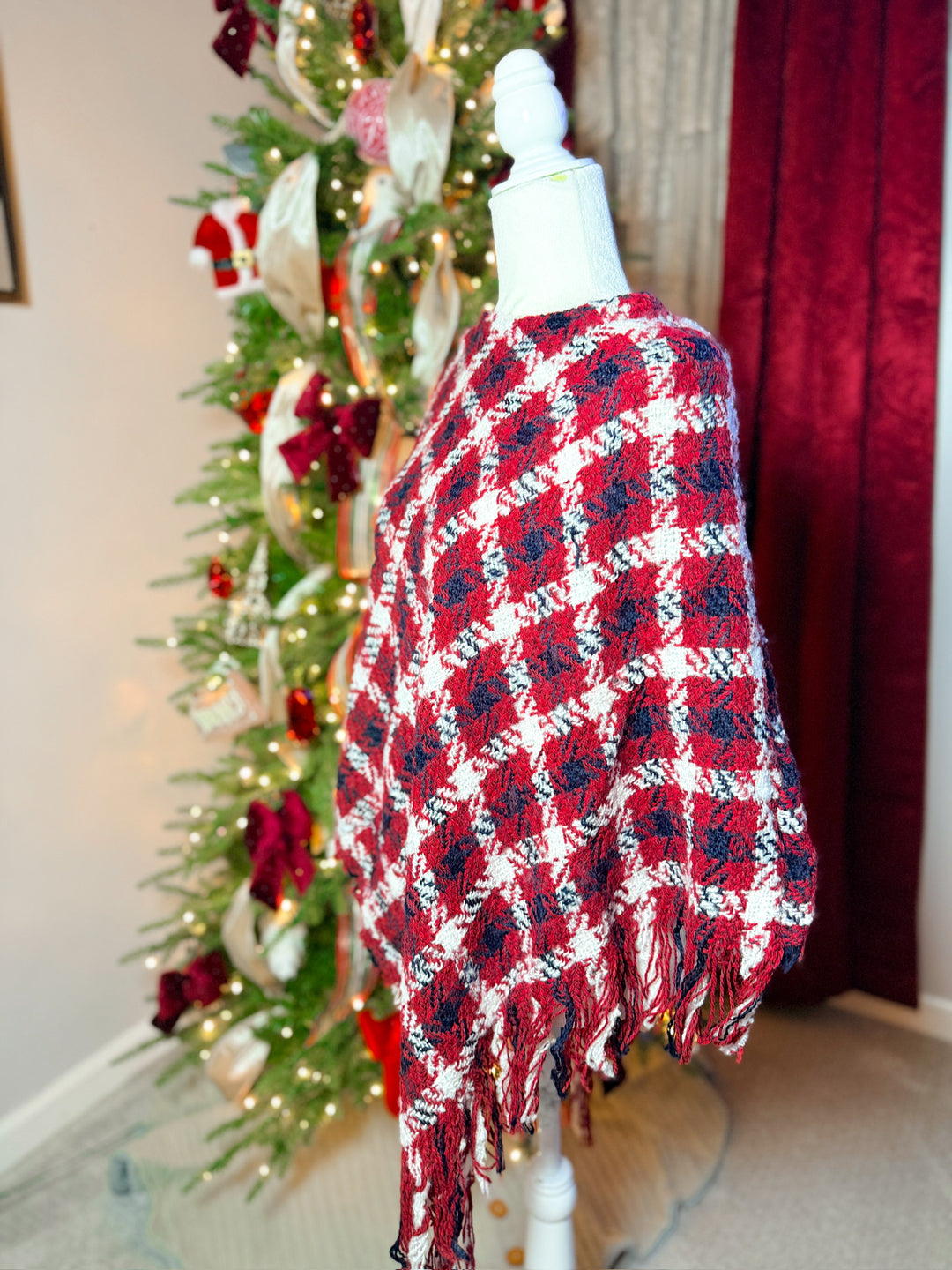 Multi Color Crochet Knit Poncho With Fringe Trim