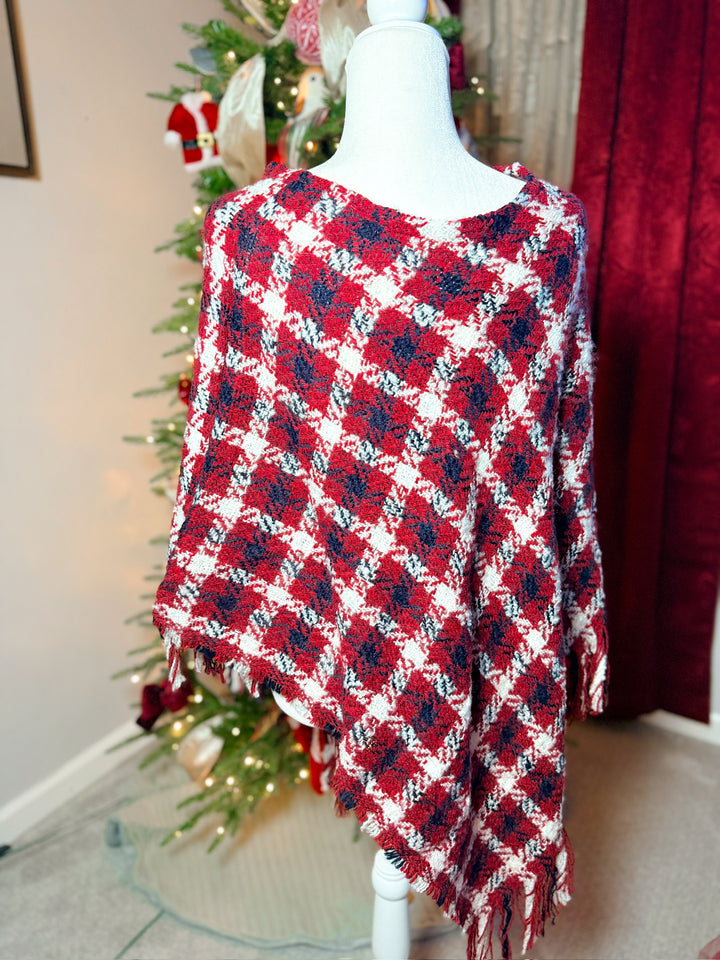 Multi Color Crochet Knit Poncho With Fringe Trim