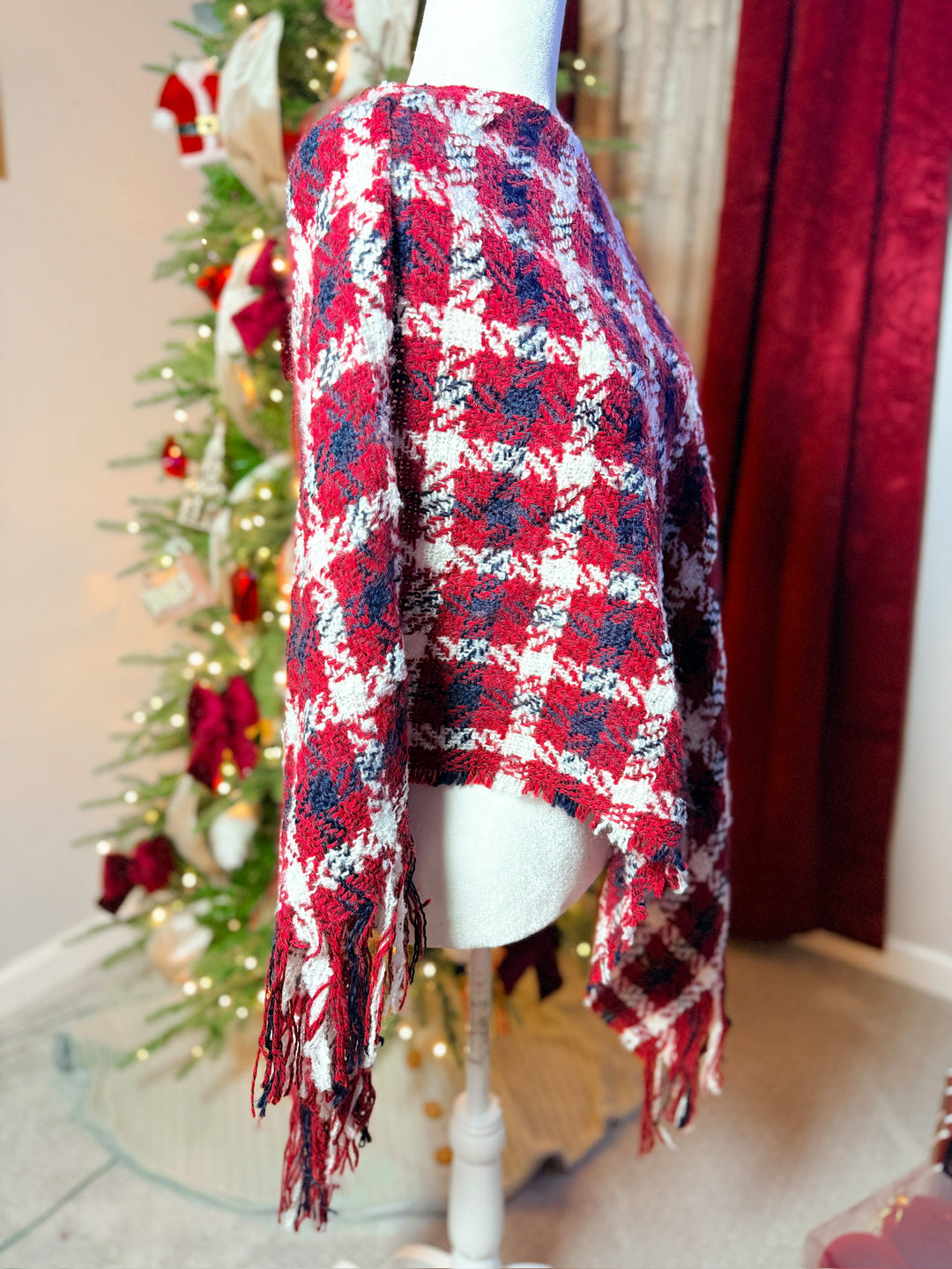Multi Color Crochet Knit Poncho With Fringe Trim