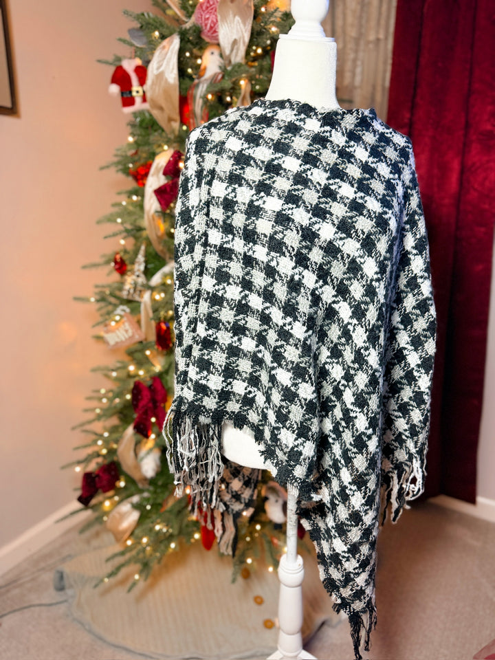 Multi Color Crochet Knit Poncho With Fringe Trim