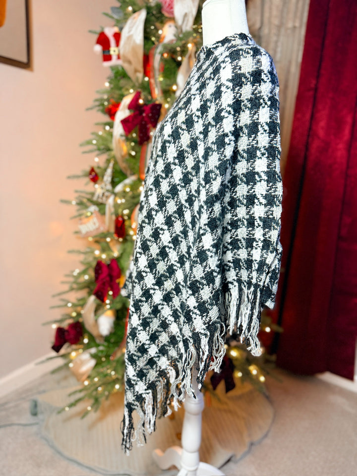 Multi Color Crochet Knit Poncho With Fringe Trim