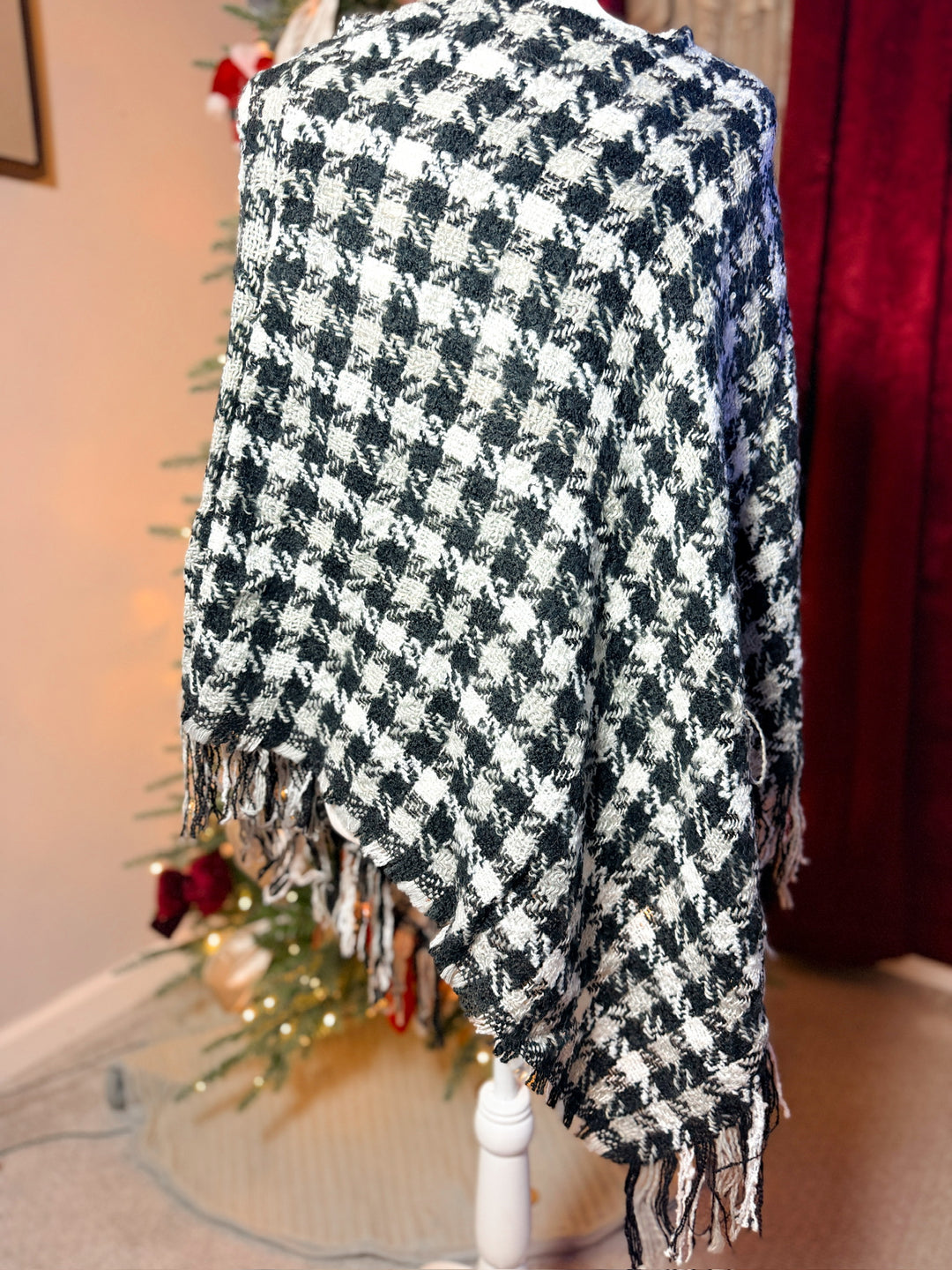 Multi Color Crochet Knit Poncho With Fringe Trim