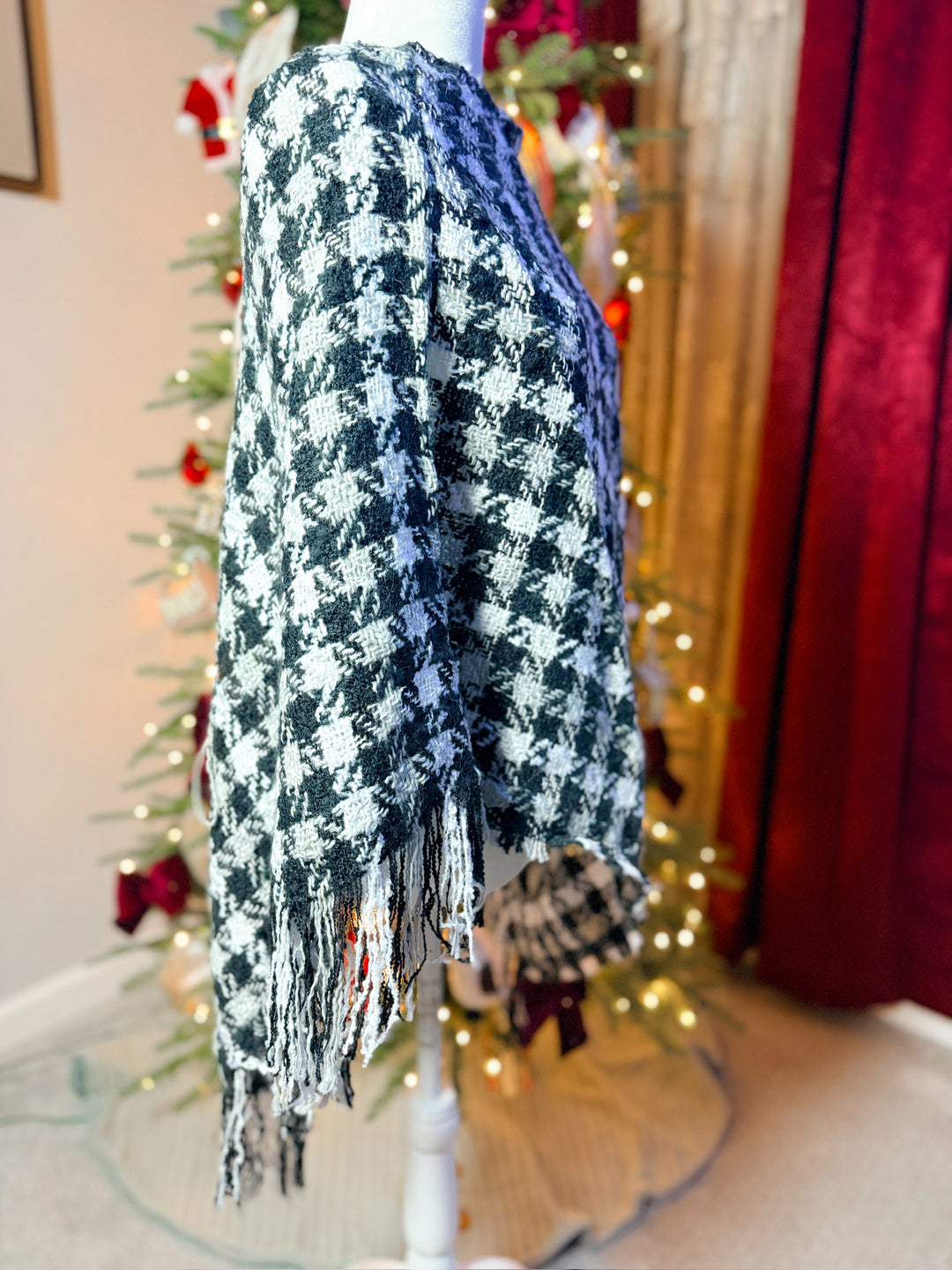 Multi Color Crochet Knit Poncho With Fringe Trim
