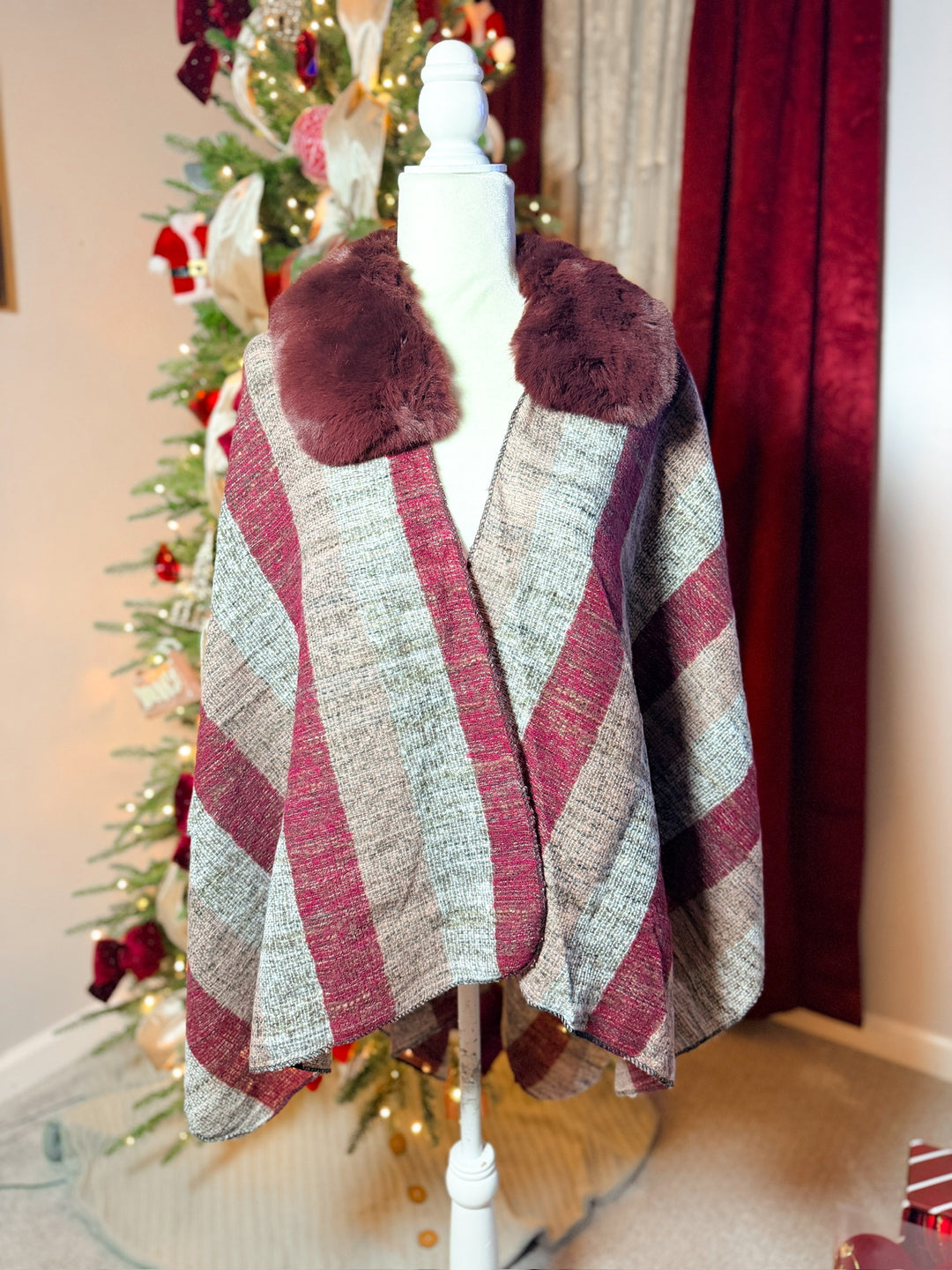 Faux Fur Trim Stripe Shawl Wrap