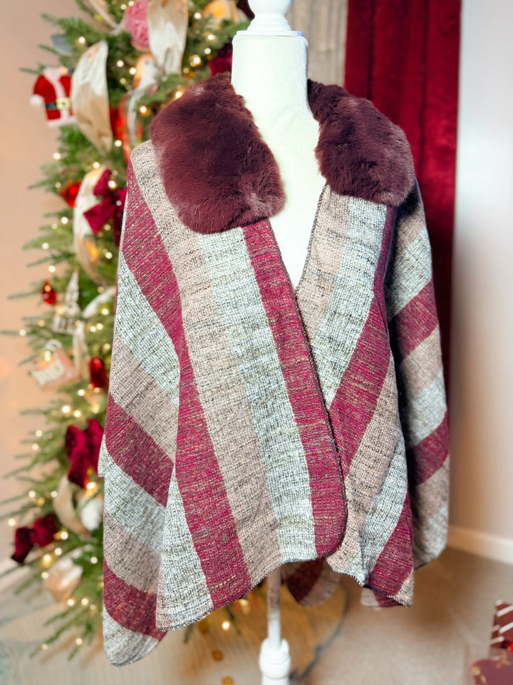 Faux Fur Trim Stripe Shawl Wrap