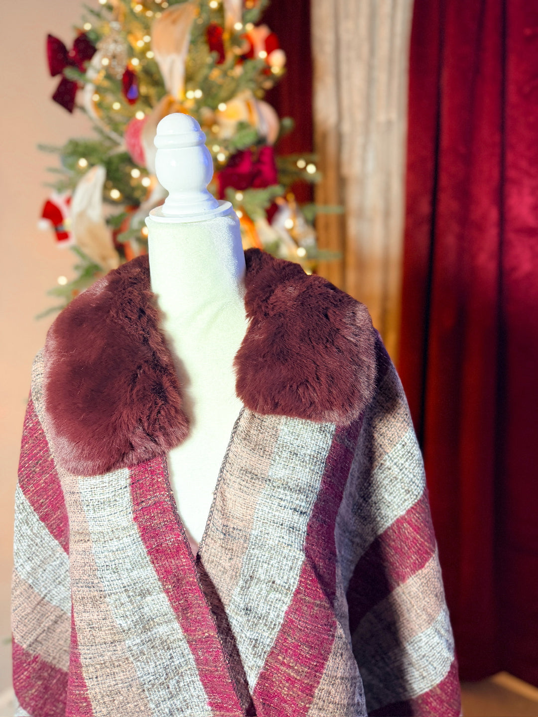 Faux Fur Trim Stripe Shawl Wrap