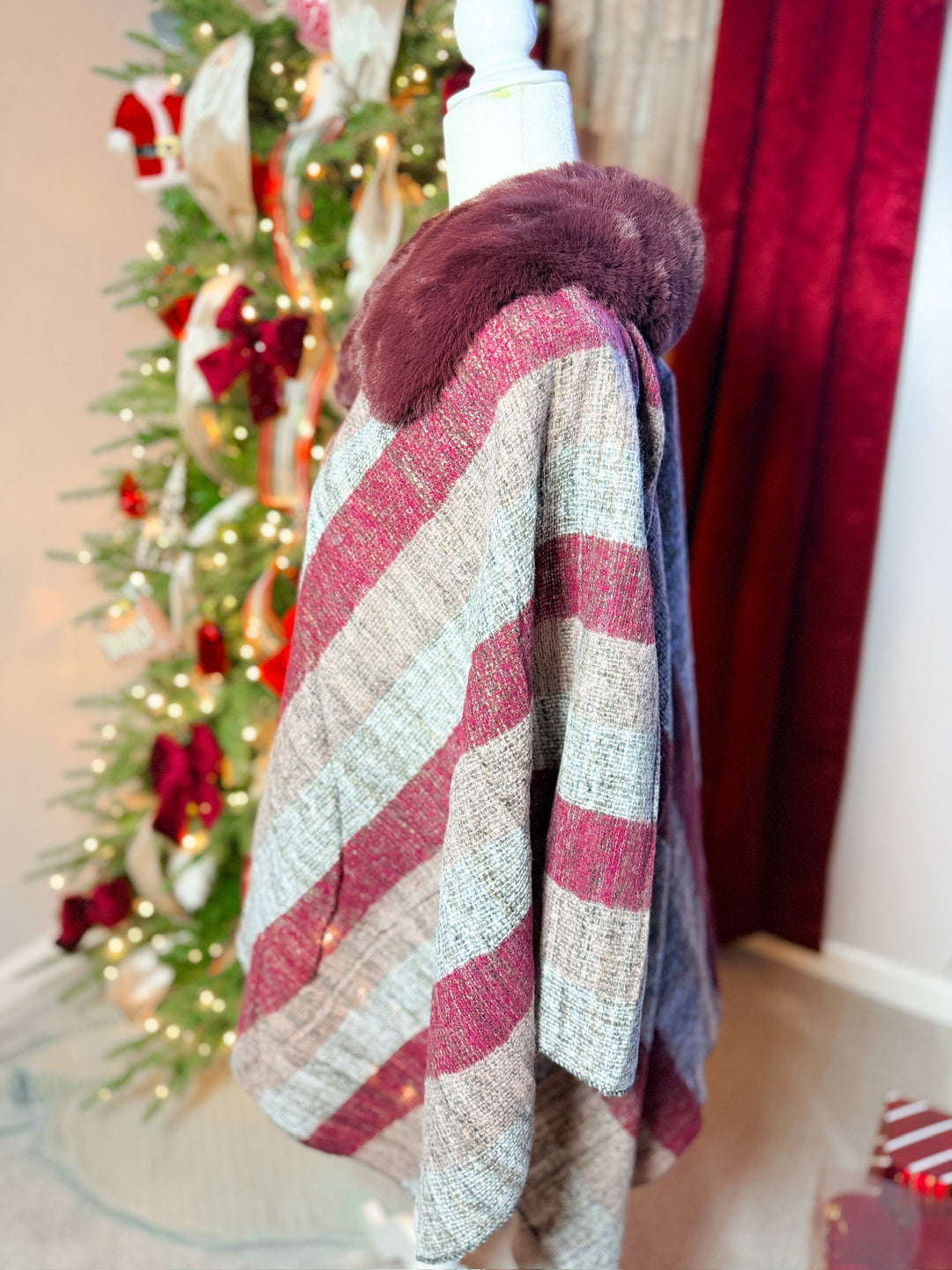 Faux Fur Trim Stripe Shawl Wrap