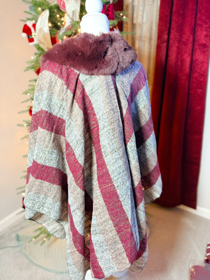 Faux Fur Trim Stripe Shawl Wrap