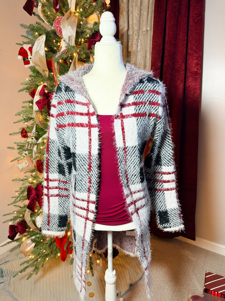 Fuzzy Eyelash Hooded Plaid Pattern Coatigan