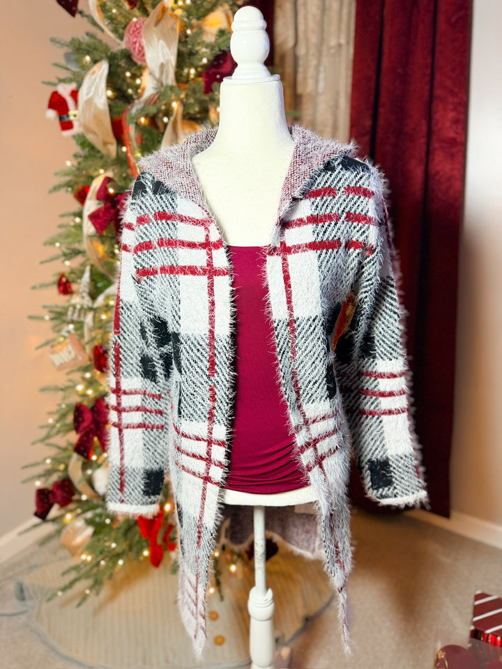Fuzzy Eyelash Hooded Plaid Pattern Coatigan