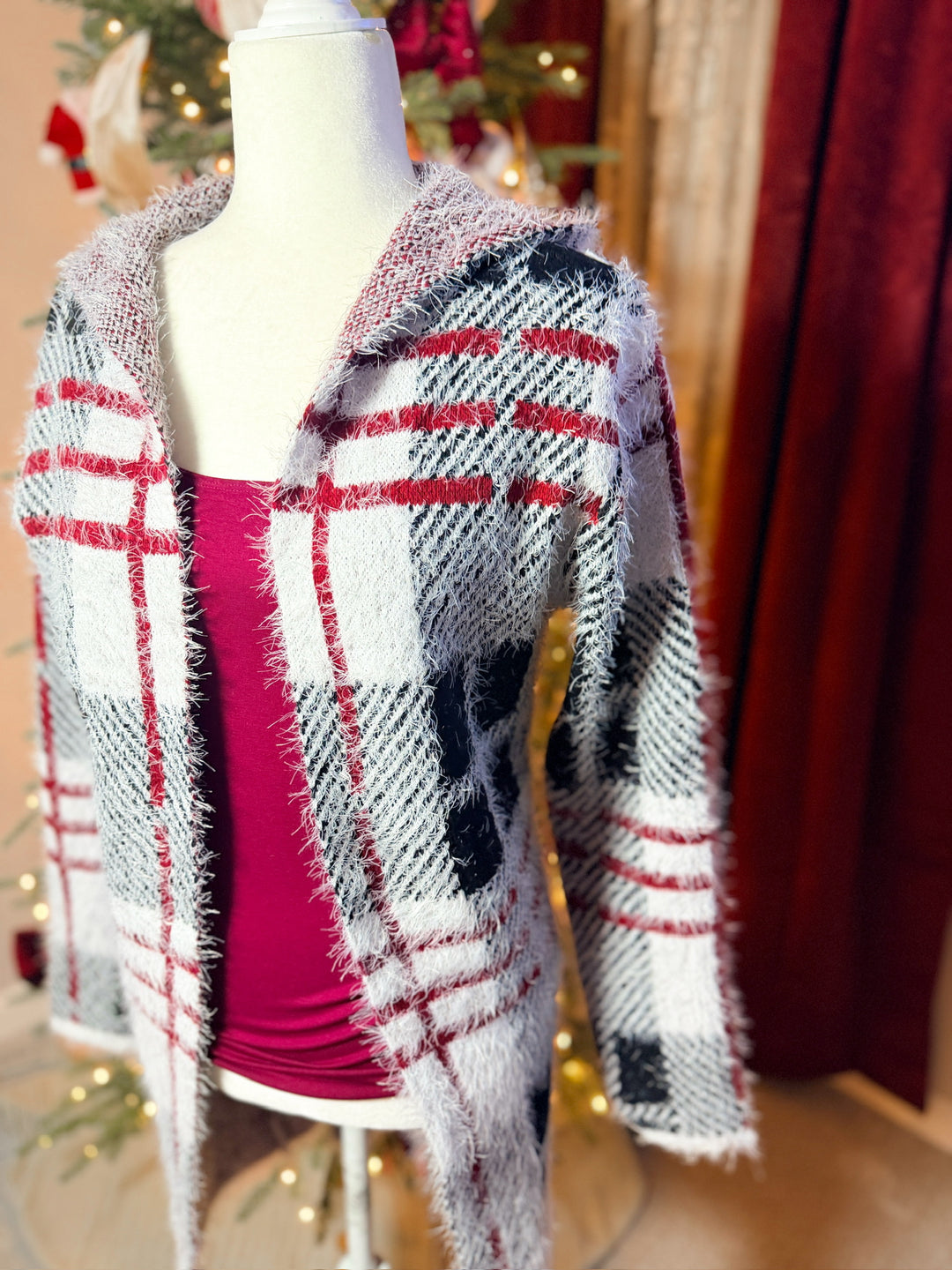 Fuzzy Eyelash Hooded Plaid Pattern Coatigan