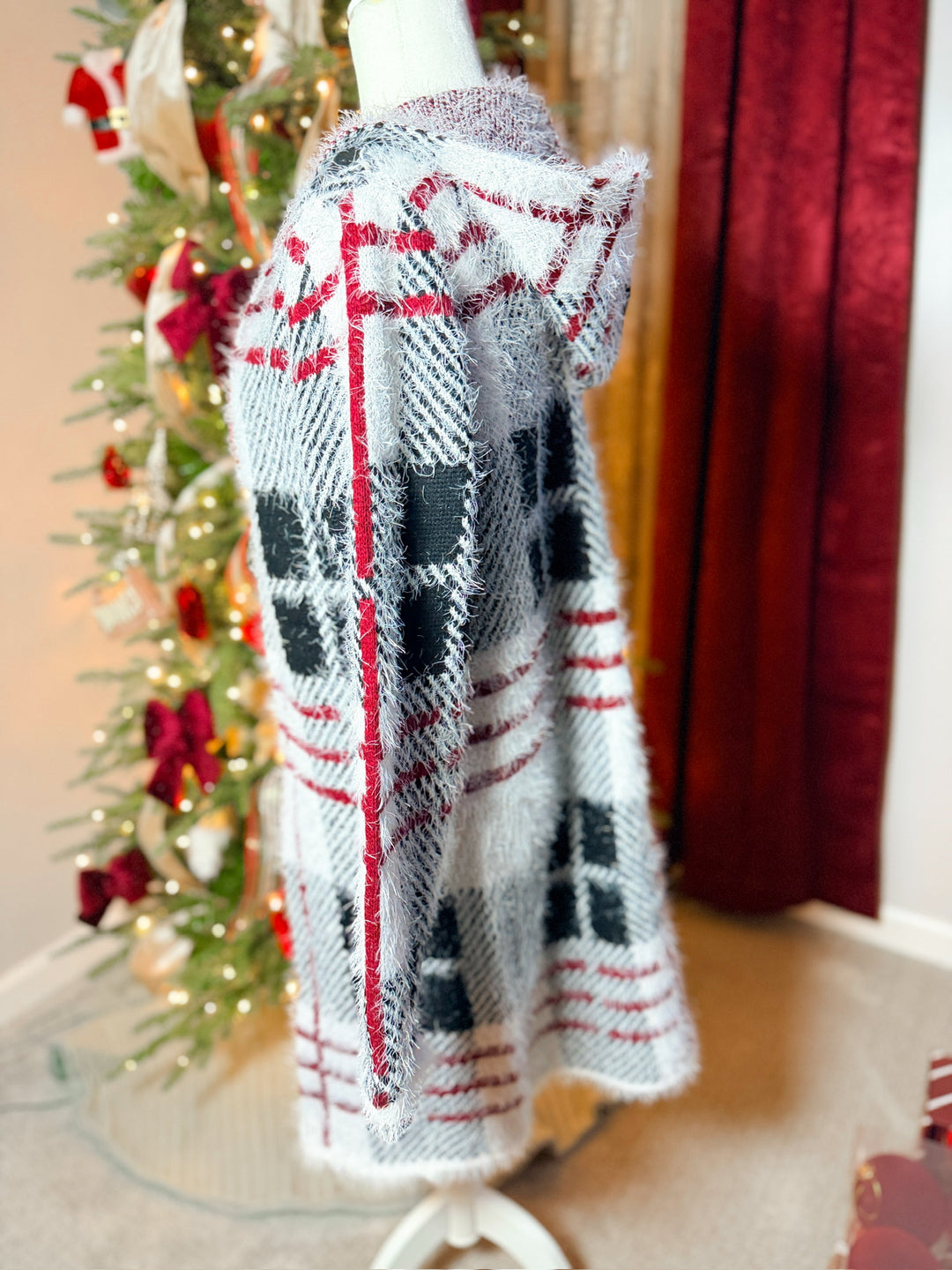Fuzzy Eyelash Hooded Plaid Pattern Coatigan